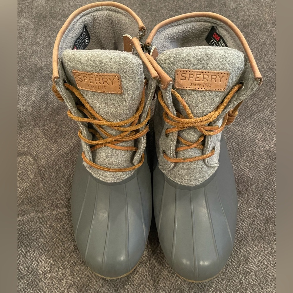 Grey Sperry duck boots
